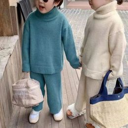 Clothing Sets Fashion Baby Girl Boy Knitted Clothes Set Winter Autumn Child High Collar Sweater Wide Leg Pants 2PCS Kids 1 8Y 231206