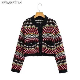 Women's Sweaters KEYANKETIAN Autumn And Winter Vintage Jacquard Knitted Cardigan Ethnic Retro Colourful Short Sweater jacket Women Top 231206