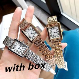 Fashion Women Watches Quartz Movement Silver Gold Dress Watch Lady Square Tank Stainless Steel Case Original Clasp Analog Casual Wristwatch Montre De Luxe with box