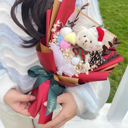 Decorative Flowers Christmas Decoration Artificial Plush Bear Cotton Pine Cones Bouquet Gift Box