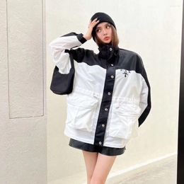 Women's Trench Coats 2023 Fashion Lady Jackets Casual Versatile Standing Collar Long Sleeved Black And White Spliced Nylon Sprint Coat For