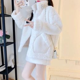 Women's Fur Spring Autumn 2023 Imitation Lamb Wool Jacket Outwear Korean Loose Short Long Sleeve Warm Coat Casaco