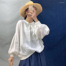 Women's Blouses Johnature 2023 Spring Cotton Linen Loose Solid Color Womens Tops And O-neck Lantern Sleeve Button 3 Colors Shirts