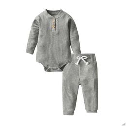 Clothing Sets Born Baby Boys Girls Clothes Set Cotton Solid Knitted Ribbed Long Sleeve Bodysuit And Pants Infant Clothig Outfits Drop Dhl8S