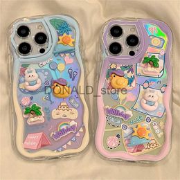 Cell Phone Cases INS Cute Cartoon 3D Rabbit Duck Gradient Wave Border Silicone Soft Case for iPhone 15 14 Pro Max 12 13 11 X XR XS 7 8 Plus Cover J231206