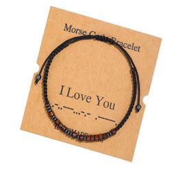 Handmade Morse Code Beads Adjustable Black String Bracelet With Hematite Stone Beaded Charm Bracelet Bangle Jewelry For Lover