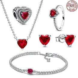 Loose Gemstones Red Heart Series Jewelry 925 Sterling Silver Charm Bracelet Necklace Earrings Five-piece Set Of Exquisite Women's Gifts