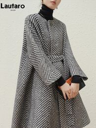 Women's Jackets Lautaro Autumn Winter Black and White Zigzag Woollen Coat Women Sashes A Line Loose Elegant Stylish Runway Korean Fashion 231206