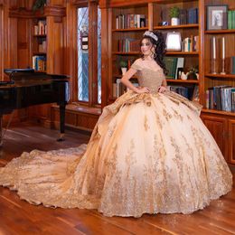 Luxury Beading Champagne Quinceanera Dresses Gold Lace Applique Pearl Off The Shoulder Sweet 16 Dress vestido de 15 anos Prom Gowns