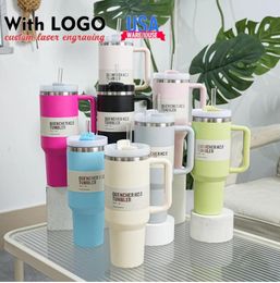 US stock 1:1 Logo Tumbler Watermelon Moonshine Tye Dye Pink flamingo Quencher H2.0 40oz Tumblers Cups Coffee Mug Cup outdoor camping cup Lids Pink Coffee Cups GG1206