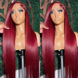 99J Red Lace Front Simulation Human Hair Wigs Coloured Brazilian Straight Burgundy 13x4 Transparent Lace Frontal Closure Wig Glueless Wigs for Women