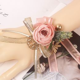 Charm Wrist Flower Wedding Bridesmaid Hand Rose Artificial Flowers Ribbon Party Prom Supply Accessories