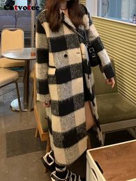 Women's Jackets Cotvotee Plaid Thicken Wool Coat Women Autumn Winter 2023 Vintage Double Breasted Long Casual Turn Down Collar Loose Jacket 231205