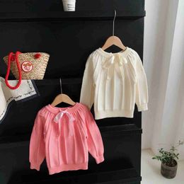 Cardigan 2023 Autumn Winter Children Girls Sweater Cotton Solid Knitted Young Kids Girls Pullovers Bow Pearl Round Collar Kids Girls Tops Q231206