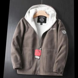 Mens Jackets Winter Warm Fleece Hooded Jacket Pockets Solid Colour Casual Polar ColdProof Thickened Overcoat Plus Size Coat 231206