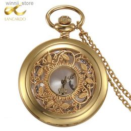 Pocket Watches Lancardo Roman Numerals Gold Pocket Watch Hollow Leaf Tree Pocket Watches Unisex Luxury Brand Necklace Pendant Watch With ChainL23126