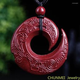 Chains Chinese Natural Cinnabar Decorative Rune Pendant Beads Necklace Charm Jewelry Double-sided Carved Amulet Gifts