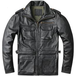 Men's Jackets M65 Hunting Pockets Military Genuine Cowhide Men Leather Jacket Long Mens Coats Autumn Jaquetas Masculina De Couro 231205