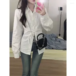 Women's Blouses QWEEK White Shirt Women Korean Fashion Oversized Elegant Bandage Long Sleeve Tops Female Sexy Office Ladies Casual Chic