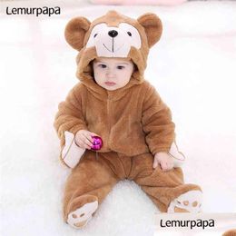 Rompers Baby Boy Girl Clothes Romper Onesie Newborn Cartoon Bear Costume Funny Flannel Warm Winter Infant Clothing 210911 Drop Deliver Dhr9B