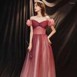 Party Dresses Wine Red Tube Top Starry Sky Evening Dress Female One-shoulder Fairy Temperament Wedding Toast Banquet Host A114