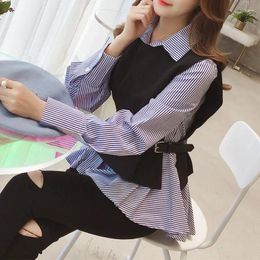 Women's Blouses Two Piece Blouse Women Long Sleeve Vest And Korean Plus Size Stripe Shirts Spring Autumn Tops Blusas Mujer