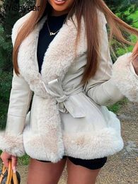Women's Fur Faux Women Warm Winter Turn Down Collar Long Sleeve Slim Coats Streetwear Outwear Spliced PU Leather Jackets with Belt 231205