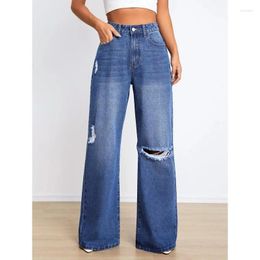 Women's Jeans FUAMOS Personalized High Waist Ripped Loose Slim Wide European American Stretch Sexy Denim Trendy Pants