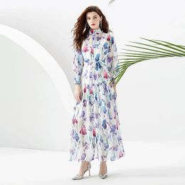 Urban Sexy Dresses Drop Spring Fall Vintage Print Stand Mock Neck Collar Belt Long Lantern Sleeve Women Lady Casual Party Maxi Shirt Dress y231206