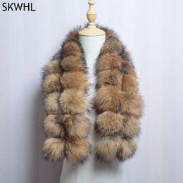 Scarves Style Fashion Pompom Lady Real Raccoon Fur Scarves Luxury Women Winter Warm Natural Fox Fur Scarf Fluffy Genuine Fur Muffles 231205