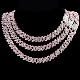 Chains HipHop Pink Crystal 14MM Rhombus Prong Cuban Link Chain Necklace For Women Full Rhinestones Pave Iced Out JewelryChains235G