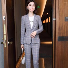 Women's Two Piece Pants Women Blazer And Pant Suit Elegant Pink Grey Blue Apricot Plaid Trouser Ladies Female Formal Office Work Business 2