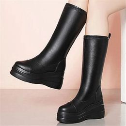 Boots 2024 Shoes Women's Mid Calf Boots Inner Heightening Muffin Thick Sole Long Booties Soft Leather Wedge High Tube Knight Boots 231205