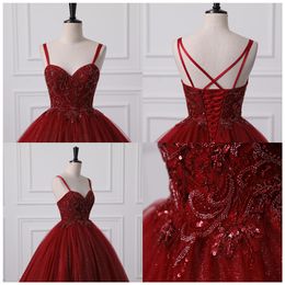 Quinceanera sukienki księżniczki czerwony spaghetti paski do koralików aplikacje ukochane suknia balowa koronkowa up plus size sweet 16 debiutanta przyjęcie urodzinowe vestidos de 15 anos