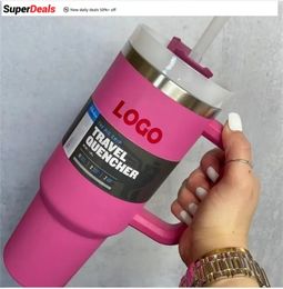 US Stock Water Bottles Hot Pink 40oz Stainless Steel Tumblers With Handle Lid and Straw Big Capacity Beer Mugs Powder Camping Cup Vacuum Insulated Drinking