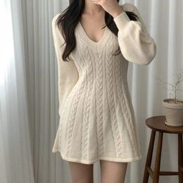 Urban Sexy Dresses Korean Fashion Vneck Knitted Dress Women Autumn Winter Long Sleeve Sweater Dresses Woman Solid Colour Dress Ladies 231206