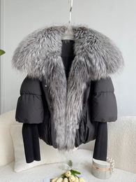Men s Vests Janveny Large Real Silver Fur Collar 2023 White Duck Down Jacket Women Winter Luxury Puffer Coat Oversize Feather Outwear 231206