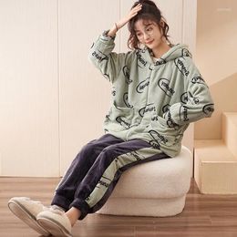 Women's Sleepwear Women Velvet Pyjama Set Loose Top And Elastic Waist Pants Home Casual Warm Coral Fleece Suit 2023 Autumn Winter Pijamas