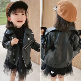 Jackets Baby Girls Faux Leather Jacket Zipper Fly Coat For Girls Solid Colour Childrens' Jacket Spring Autumn Kids Clothes Girl 231205