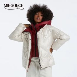 Womens Down Parkas Jackets MIEGOFCE Winter Fashion Short Thick Coat Casual Parka Irregular Design Two Color Mix Hooded Windproof Jacket D23011 231206