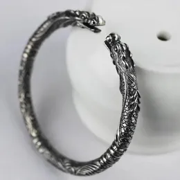 Bangle Double Dragon Head Bracelet Vintage Carving With Uniquepattern Texture Opening Ancient Silver Color Bright