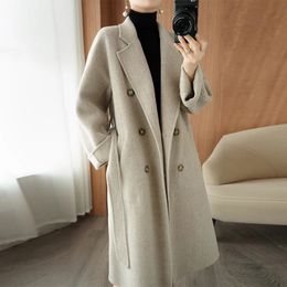 Women's Wool Blends Autumn and winter 100 wool overcoat women's long knee length reversible Woollen cloth with belt loose oversize trench coat 231206