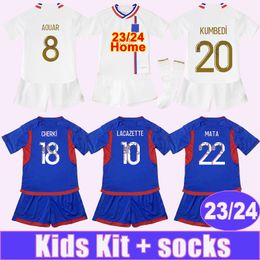 2023 24 LACAZETTE CHERKI Kids Kit Soccer Jerseys MATA TAGLIAFICO CAQUERET Home White Away TOLISSO Football Shirt Short Sleeve Uniforms