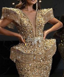 Urban Sexy Dresses Sexy Golden Sequin Tassel Deep V-neck Full Dress Long Sleeves Women Bride Dress T231202