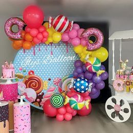 87 Pcs Candy Balloon Garland Arch Kit- Lollipop Mylar Foil Balloon Pink and Yellow Orange Purple Rose Red Balloons Birthday Party Baby Shower Background Wall Decor