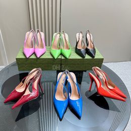 Pointed toes Chains pumps shoes Patent leather slingback heels Stiletto heels sandals Dress shoes Luxury designer High-heeled Dinner Wedding shoes With box 10.5cm