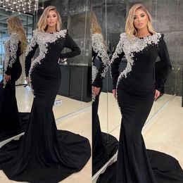 Modest Long Sleeve Evening Dresses Formal Occasion Wear Pearls Beads Black Mermaid Prom Gowns Arabic Robe de soriee