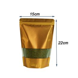 50pcs lot 15x22cm Reusable Embossed Gold Stand Up Aluminum Foil Bag Doypack Mylar Food Snack Tea Packaging Zip lock Bag with Plast279M