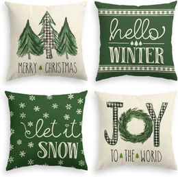 Pillow Case Merry Christmas Trees Mottos Green Throw Pillow Covers 18 x 18 Inch Hello Winter Let it Snow Holiday Cushion Case 231205