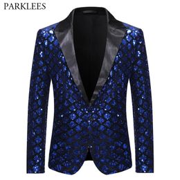 Mens Suits Blazers Royal Blue Sequin Glitter Embellished Blazer Jacket Men One Button Shiny Plaid Tuxedo Nightclub Prom Stage Costumes 231206